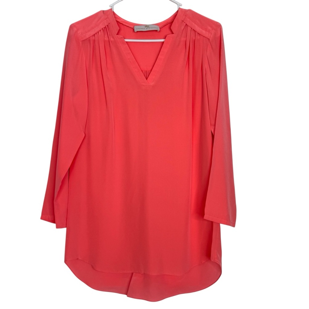 Amanda Uprichard Silk Blouse Coral Pink V-Neck Long Sleeve XS